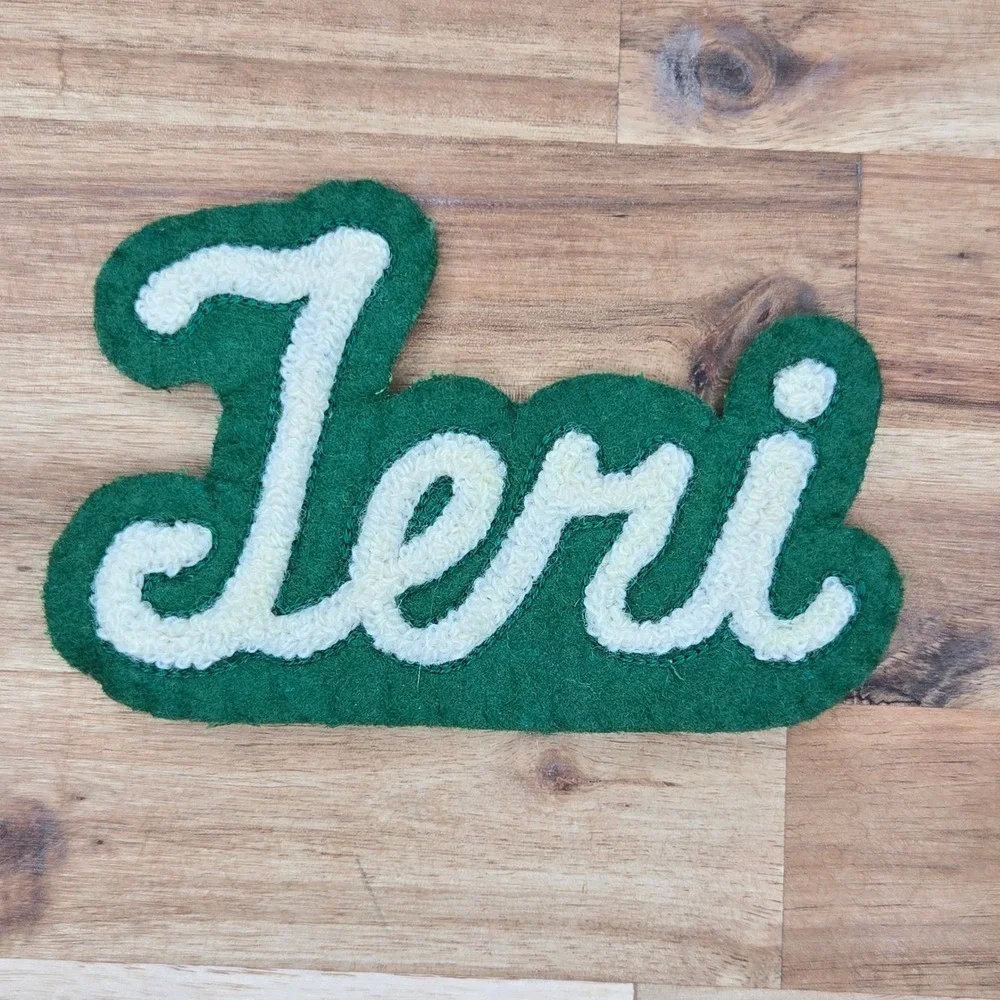 Vintage Varsity Patch Chenille Green Jeri Cursive Letterman Name Patch